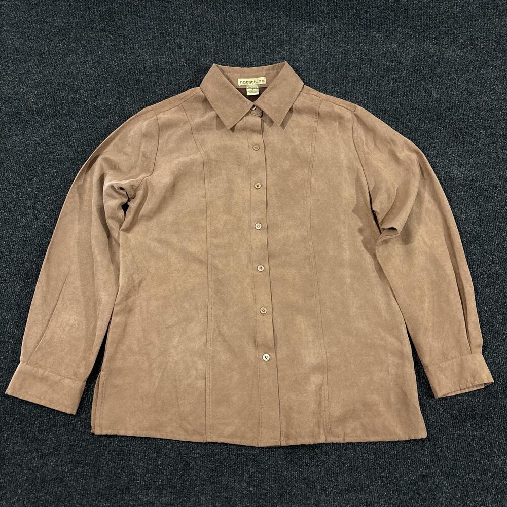 Notations Blouse Womens M Brown Faux Suede Long Sleeve Button Up Top Casual